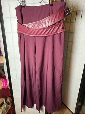 Women's Wine-Colored Wide-Leg Dress with Faux-Leather Waist